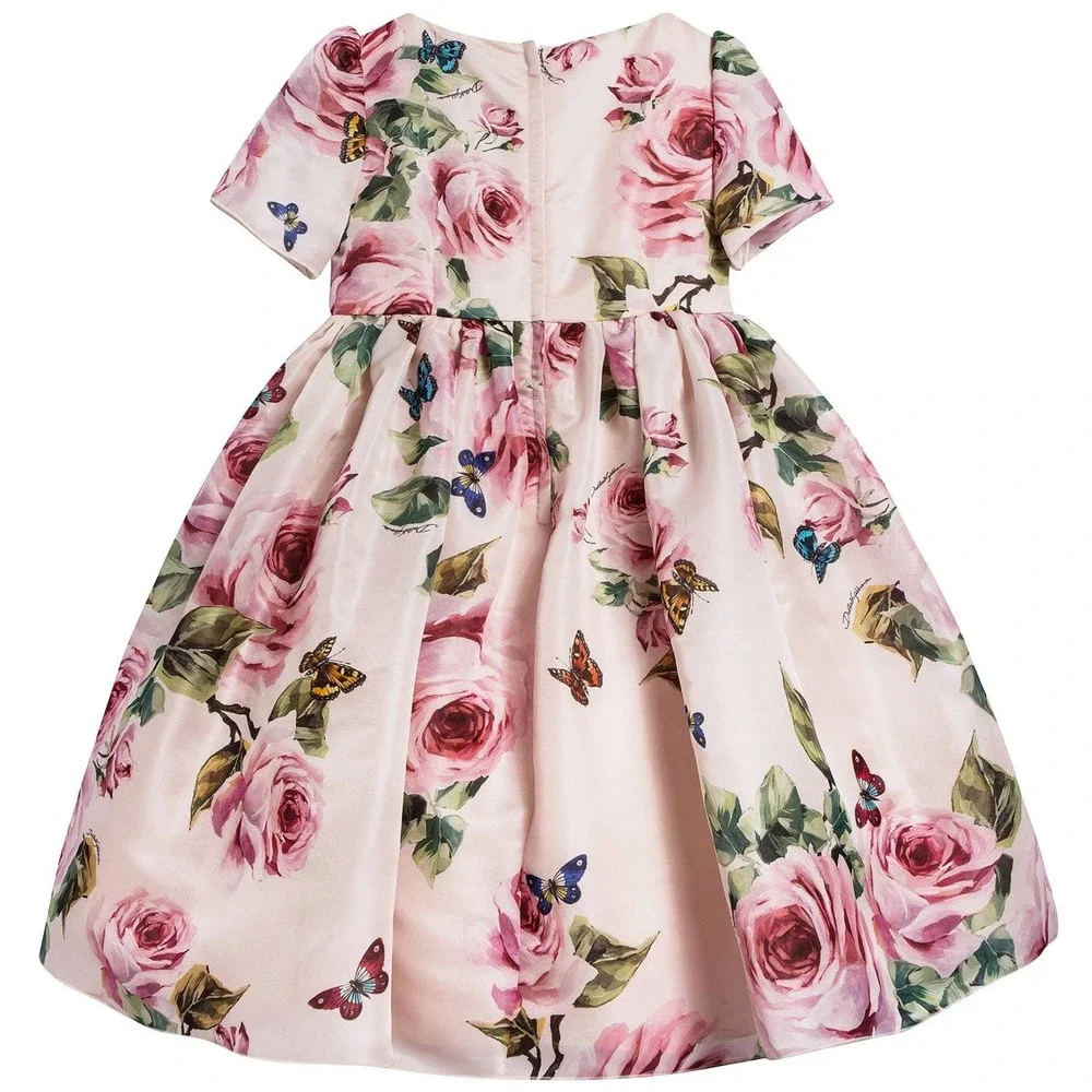 Dolce & Gabbana Girls Pink Rose Butterfly Farfalle Silk Dress Size 7/8